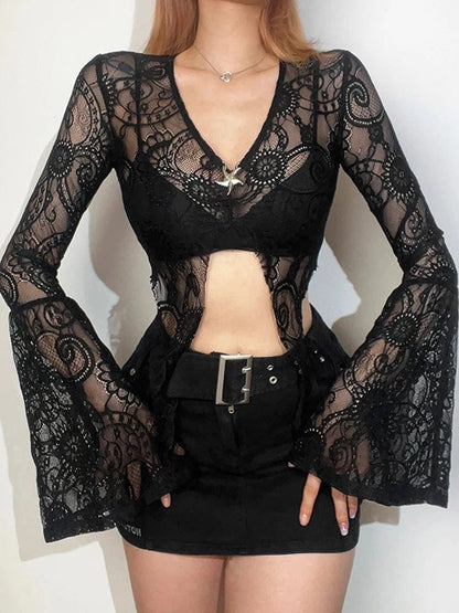 AltGoth Mall Goth Lace T-shirt Women Aesthetic Sexy See Through V-neck Flare Sleeve Crop Tee Tops Emo Alternative Indie Clothes