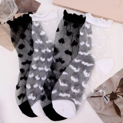 French Lace Socks Women Sexy Ruffled Love Heart Pattern Transparent Sheer Mesh Sweet Glass Fiber Crystal Silk Mid Tube Stocking