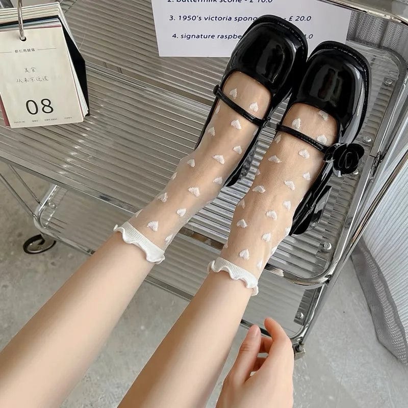 French Lace Socks Women Sexy Ruffled Love Heart Pattern Transparent Sheer Mesh Sweet Glass Fiber Crystal Silk Mid Tube Stocking