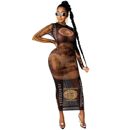 Money Print Mesh See Through Sexy Party Dress Women Skinny Autumn Bodycon Maxi Dress Slim Turtleneck Long Sleeve Robe