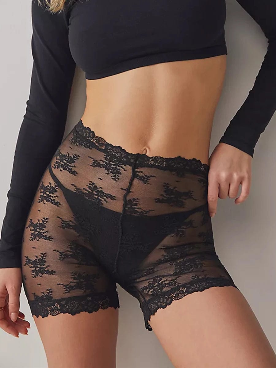 Women Sexy Lace Mesh Sheer Shorts High Elastic Waist See Through Shorts Lace Floral Anti-Chafing Panty Shorts