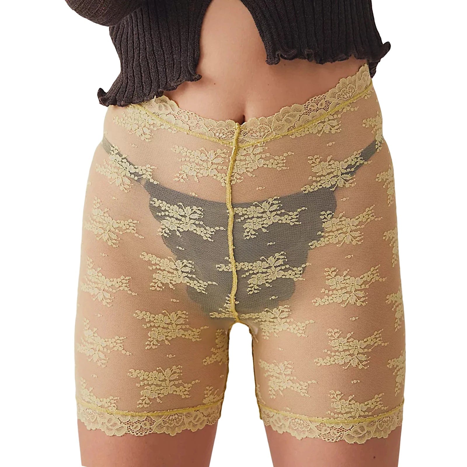 Women Sexy Lace Mesh Sheer Shorts High Elastic Waist See Through Shorts Lace Floral Anti-Chafing Panty Shorts