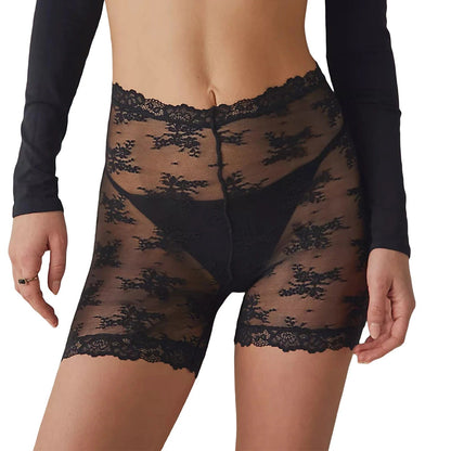 Women Sexy Lace Mesh Sheer Shorts High Elastic Waist See Through Shorts Lace Floral Anti-Chafing Panty Shorts